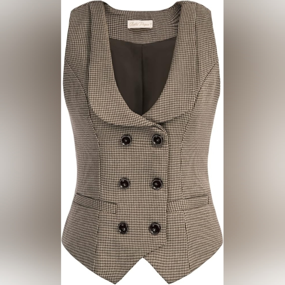 Tailored Houndstooth Double-Breasted Vest Jacket - Brown/Black